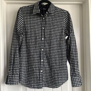 Chaps No-Iron‎ Small Button Down Blouse Houndstooth Check Cotton Black White Top